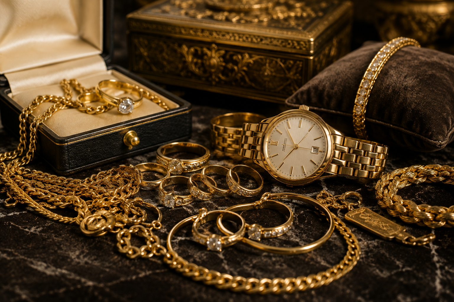 Gouden sieraden, ringen, kettingen en horloge