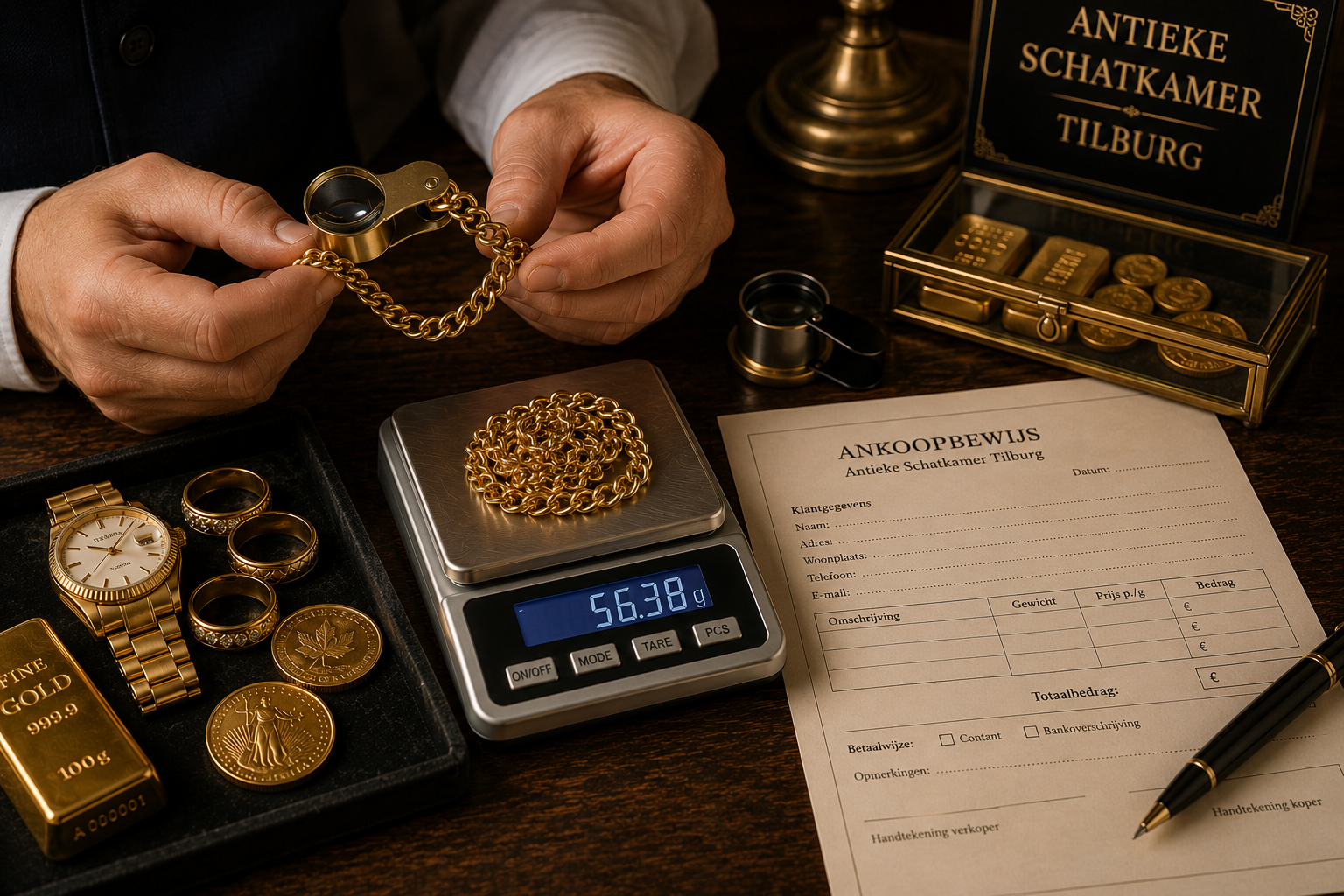 Beoordeling van gouden sieraden met weegschaal en aankoopbewijs in Tilburg